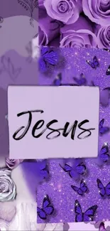 Purple Jesus wallpaper with roses and butterflies.