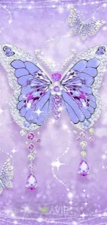 Purple jewel butterfly with diamonds on a sparkling background.