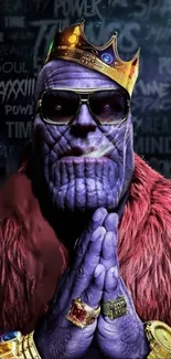 Purple king with crown and sunglasses in artistic mobile wallpaper.