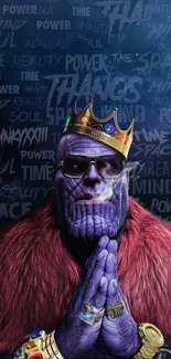 Purple character with crown and sunglasses on text backdrop.