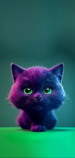 Purple kitten wallpaper with bright green eyes on a gradient background.