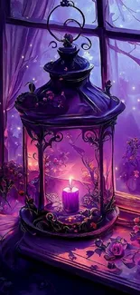 Mystical purple lantern with glowing candle and floral accents on windowsill.