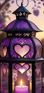 Purple lantern with heart patterns and candle.