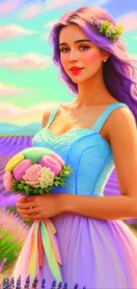 Woman with lavender hair in a purple field holding colorful bouquet.