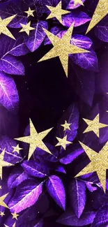 Mobile wallpaper with purple leaves and gold stars glowing.