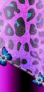 Purple leopard print wallpaper with blue butterflies.