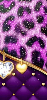 Purple leopard print wallpaper with heart charms and gold accents.