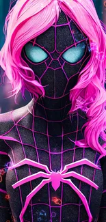 Neon pink spider-themed mobile wallpaper with glowing eyes.