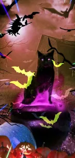 Halloween scene with a mystical black cat and glowing elements.