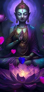 Serene Buddha with glowing lotus flowers and colorful hearts.