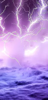 Purple lightning streaks across dark clouds in a dramatic and vivid display.