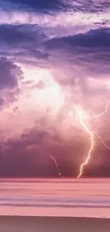 Purple sky with lightning over tranquil beach at dusk.