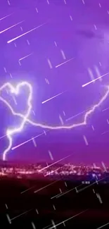 Purple sky with heart-shaped lightning over a cityscape.