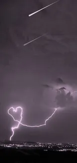 Purple sky with heart-shaped lightning over a cityscape.