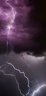 Purple lightning illuminates a dark, stormy night sky.