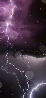 Vivid purple lightning striking in a dramatic night sky scene.