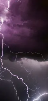 Purple lightning strikes through dark clouds in a night sky wallpaper.