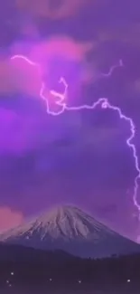 Purple lightning striking over a mountain landscape at dusk.