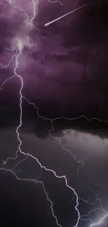 Purple lightning in dark stormy sky wallpaper.