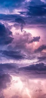 A stunning wallpaper with purple clouds illuminated by lightning.