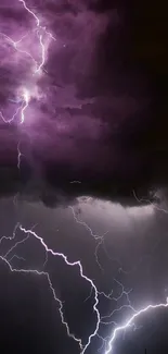 Mobile wallpaper of a purple lightning storm illuminating dark clouds.