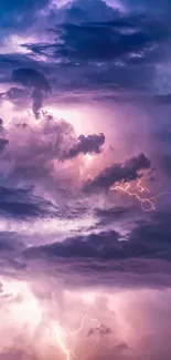 Purple lightning and clouds in a stormy sky.