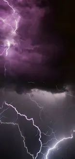 Purple lightning storm with dramatic dark clouds.