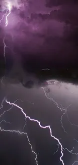 Purple lightning bolts streak across a dark stormy sky.