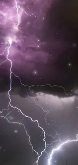 Purple lightning illuminates a stormy night sky.