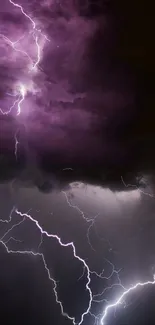 Dramatic lightning storm with purple clouds.