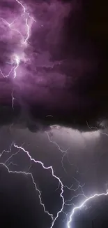 Electrifying purple lightning storm illuminating night sky.