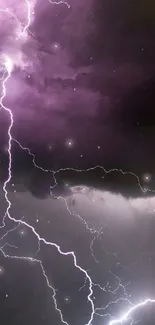 Mobile wallpaper with purple lightning storm in a dramatic night sky.