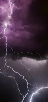 Purple lightning storm against dark, cloudy sky.