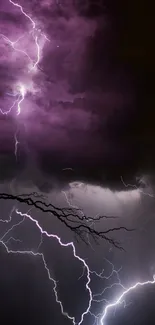 Purple lightning storm with bolts against dark sky.