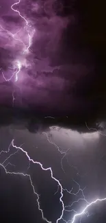 Purple lightning strikes through dark storm clouds on a dramatic phone wallpaper.