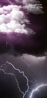 Purple lightning strikes illuminate a dark, cloudy sky in dramatic wallpaper.