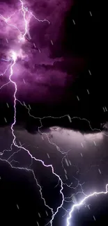Purple lightning storm cracks through dark clouds at night.