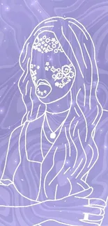 Illustrative line art of woman on purple background.