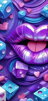 Abstract wallpaper with purple lips, dice, and hearts.