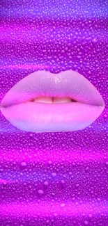 Vibrant purple wallpaper with lips design and water droplets.