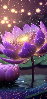 Magical purple lotus with glowing petals on tranquil water background.