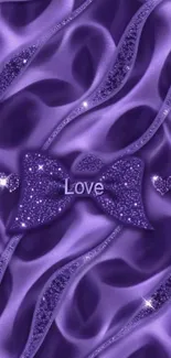 Purple wallpaper with glittery bow and hearts featuring 'Love'.