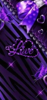 Purple wallpaper with butterflies, hearts, and love text.