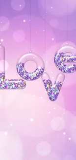 Purple wallpaper with glittery love text.