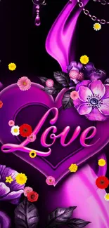 Purple love heart wallpaper with floral and artistic theme.