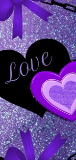 Purple love hearts with sparkle background.