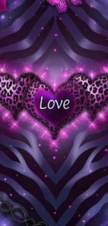 Purple heart design with leopard pattern on vibrant wallpaper.