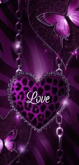 Purple wallpaper with a heart and butterflies