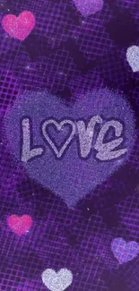 Purple love heart wallpaper with textured grid design.