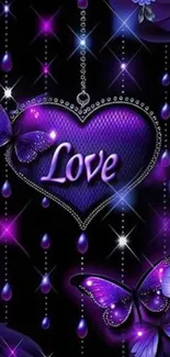 Purple love heart with butterflies and floral design wallpaper.